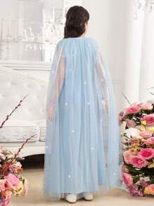 SHEIN Leap Crew Tween Girls Sparkly Rhinestone Mesh Maxi A-Line Dress,Light Blue Princess Gown For Summer,Elegant Party Prom Graduation Birthday Flower Girl Dress - Blue - View 2