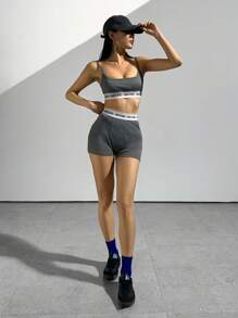 SHEIN Unity 女士休闲日常字母印花针织吊带背心和紧身短裤 2 件套运动服套装 - 灰色 - 查看 5