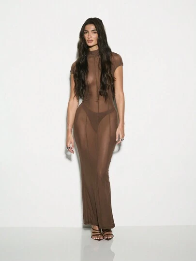 KIZN Mesh Power Panel Short Sleeve Maxi Dress Evening Party Club Wear See  Through Full Length Bodycon Gown Form Fitting Special OccasionMISSGUIDED