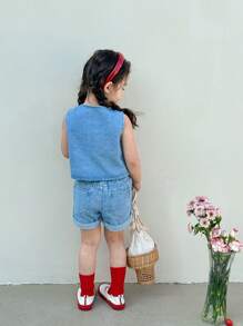 Young Girls Fashion Casual Cute Academy Cherry Embroidered 2 Pieces Denim Set - Elastic Waist Button Front Pants With Cuffs, Washed Denim Vest - Medium Wash - View 2