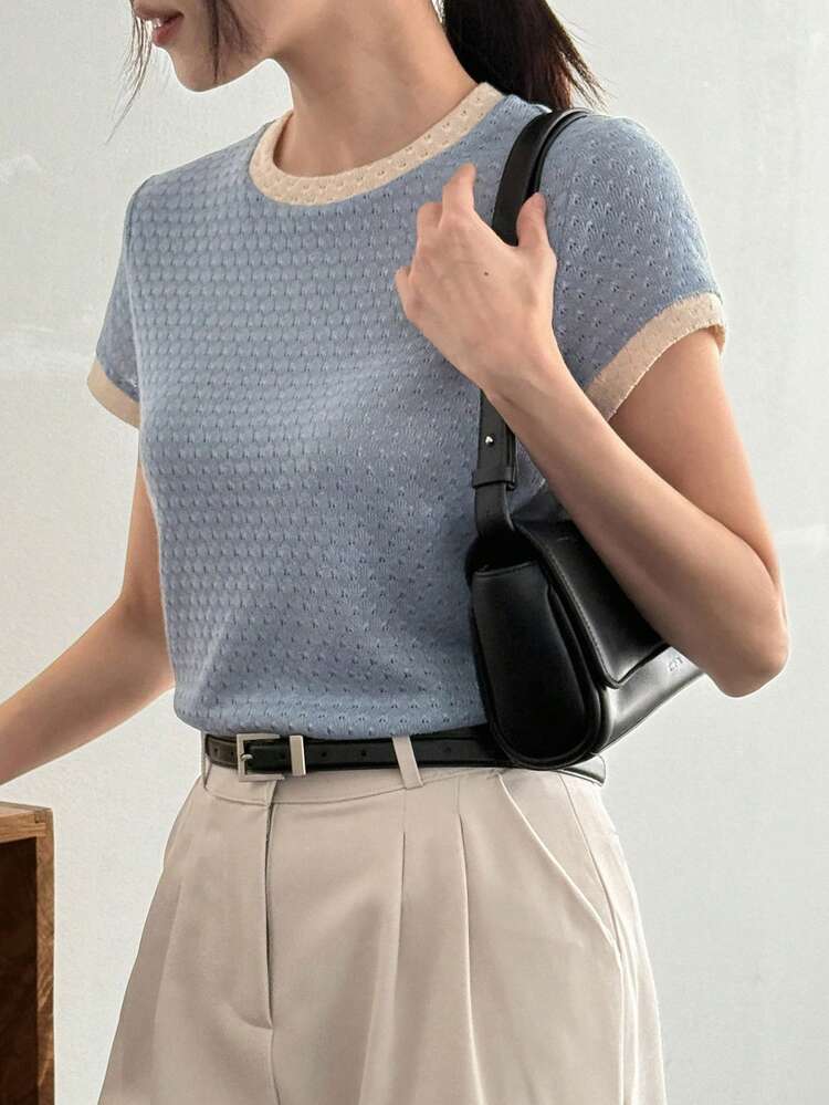 Women's New Summer Contrast Color Regular Shoulder Mesh Knit Top, Unique & Stylish Fitted Short Sleeve T-Shirt