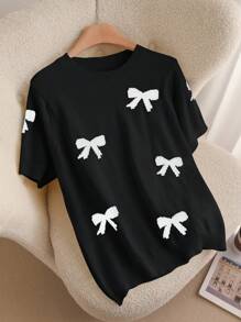 CosyJoli 大码休闲优雅提花蝴蝶结圆领针织毛衣