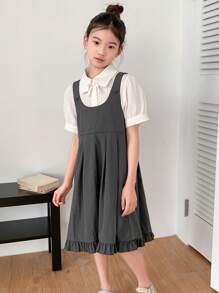 DAZY Set da 2 pezzi per ragazze adolescenti: camicia a maniche a sbuffo e vestito casual con pettorina plissettata, outfit estivi per ragazze, abbigliamento per il ritorno a scuola - Grigio - Visualizzare 1