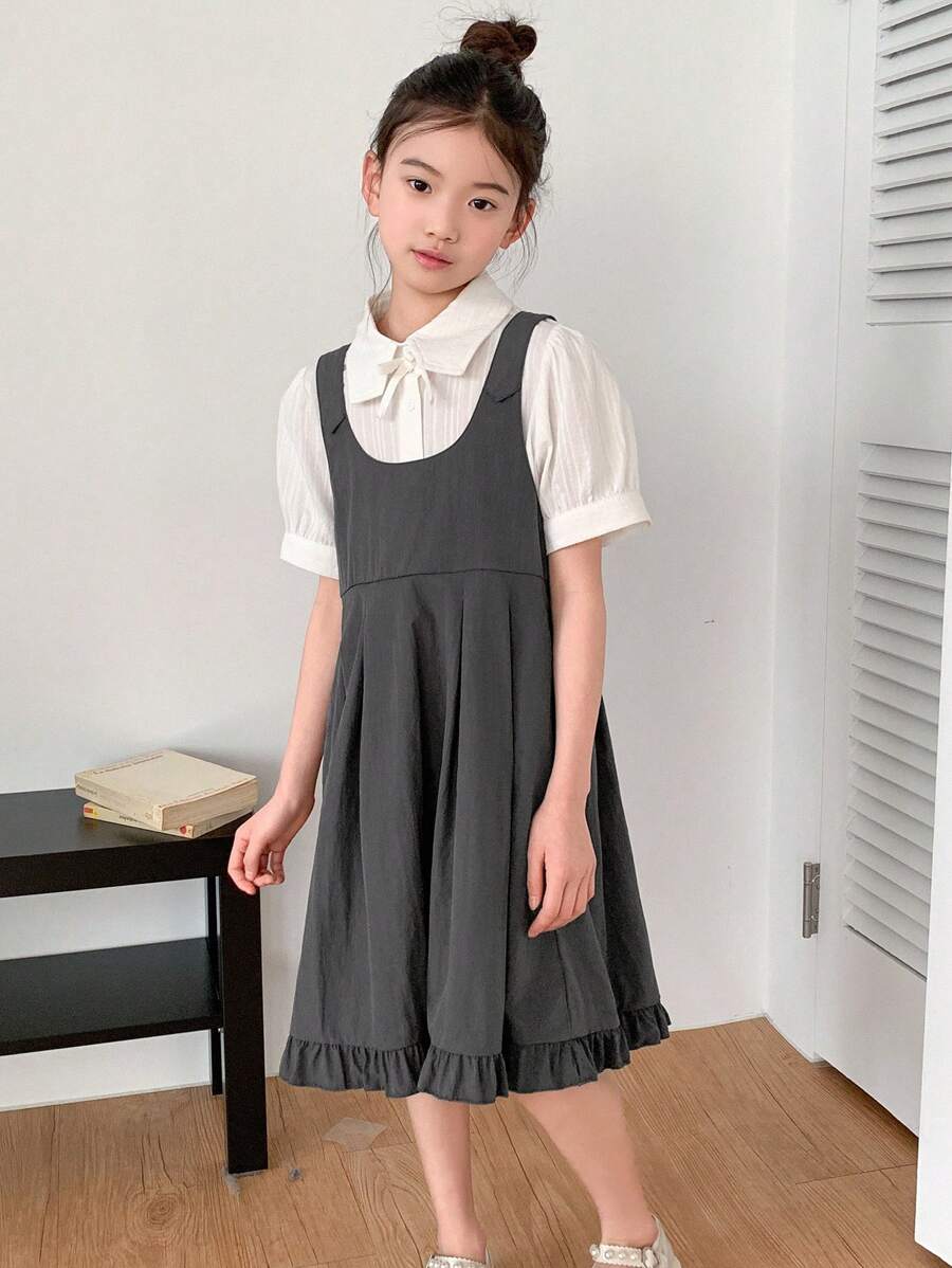 DAZY Set da 2 pezzi per ragazze adolescenti: camicia a maniche a sbuffo e vestito casual con pettorina plissettata, outfit estivi per ragazze, abbigliamento per il ritorno a scuola - Grigio - Visualizzare 1