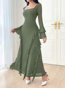 Modelyn Women's Solid Color Square Neck Bell Sleeve Long Elegant Dress Long Evening Dresses