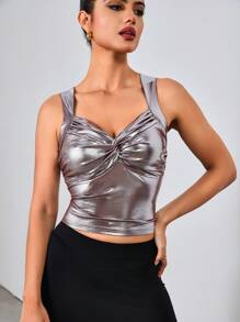 Chiquease 女式无袖闪亮金属反光吊带背心，春夏 - 銀色 - 查看 5