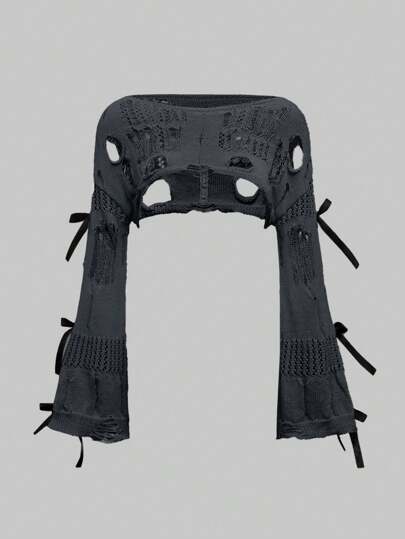 Kawaii Pull femme court, ample et ajouré avec un nœud papillon à l'épaule, doux et mignon