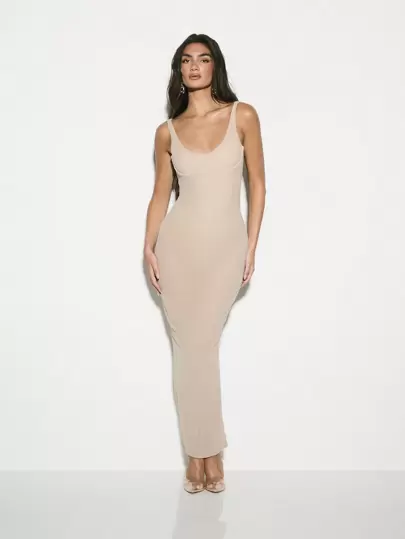 KIZN Bodycon Evening Dress Maxi Length Floor Sweeping Double Layer Form Fitting Party Gown Sleeveless Scoop Neck Special Occasion Wedding Guest