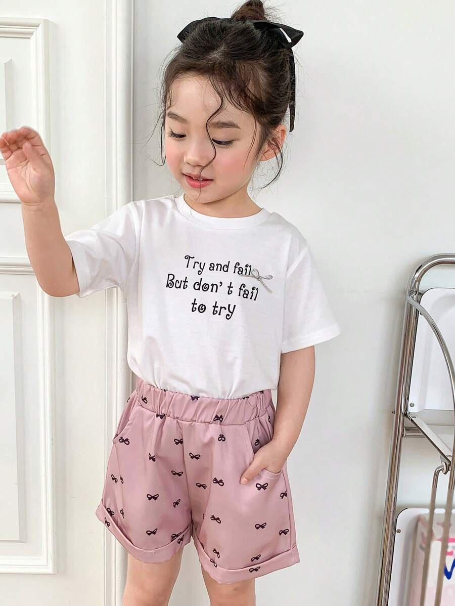 DAZY 2pcs/Set Young Girl Slogan Printed Short Sleeve Top And Bow Print Shorts Set,Girls Summer Outfits