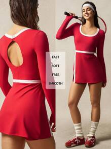 VARSITIE Women Plain Color Patchwork Long Sleeve Pocket Casual Sports Mini Dress - Red - View 1
