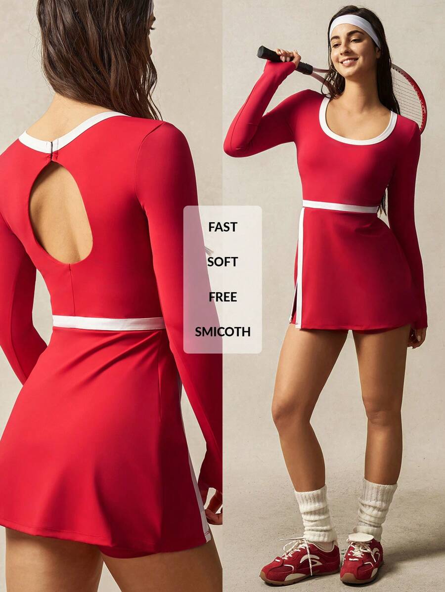 VARSITIE Women Plain Color Patchwork Long Sleeve Pocket Casual Sports Mini Dress - Red - View 1