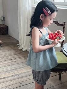 DAZY 2 件年轻女孩休闲时尚简约纯色吊带背心上衣和短裤套装，女孩夏季服装 - 藍色 - 查看 3
