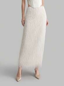 Ontre 女款白色四季高端设计羽毛流苏裙新年节日优雅派对裙简约时尚都市通勤优雅