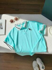 SHEIN 1 Piece Young Boy Casual Sports College Artistic Style Retro Japanese And Korean Loose Version With Contrast Color Flat Machine Green Polo Shirt Suitable For Back To School Suitable For Birthday Parties, Evening Parties, Performances, Weddings, Baptisms, Opening Ceremonies Daily Suitable For Daily Use Suitable For School Suitable For Travel Suitable For Sports Suitable For Spring And Summer Seasons - Green - View 7