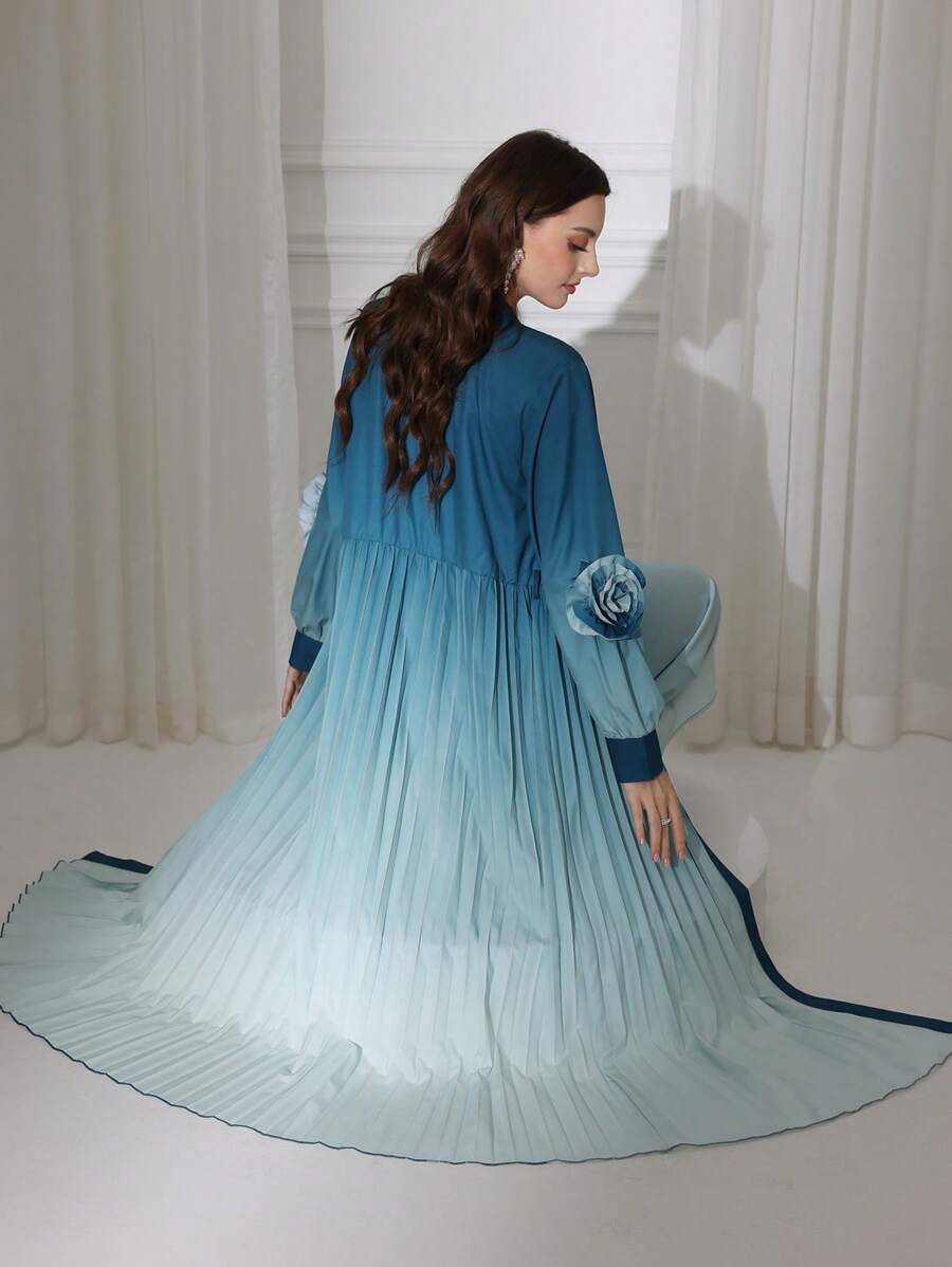 Modelyn 2pcs Women Ombre Printed 3D Flower Pleat Long Sleeve Coat & Dress Set - Teal Blue - View 1