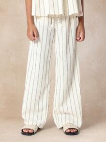 SUMWON Conjunto de dos piezas de rayas para verano: pantalones anchos de pierna ancha y top sin mangas de cuello cuadrado - Ropa de vacaciones para resort y ocio