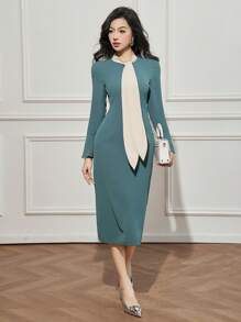 DAZY Neuer Sommerstil Patchwork Kontrastfarben Schleife Träger Maxikleid für Frauen Herbst,Winter