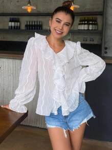 DAZY 春夏新款甜美荷叶边宽松休闲女式衬衫，沙滩度假风，秋季长袖服装 - 白色 - 查看 7