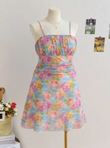 Soleia 大码女式彩色网状印花无袖褶皱休闲连衣裙，春季 - 彩色 - 查看 7