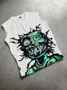 Manfinity Roghcode "Men's Young Street Style, INS Versatile Item: Oversized Green Big Eye Monster With Creative Slogan 'Humans Create Monsters'. Features Front And Back Oversized Letter Pattern Print Design On A Loose Fit Light Khaki Tank Top