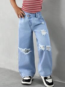 Young Girl Ripped Distressed Casual Fashionable Slant Placket Denim Straight Jeans