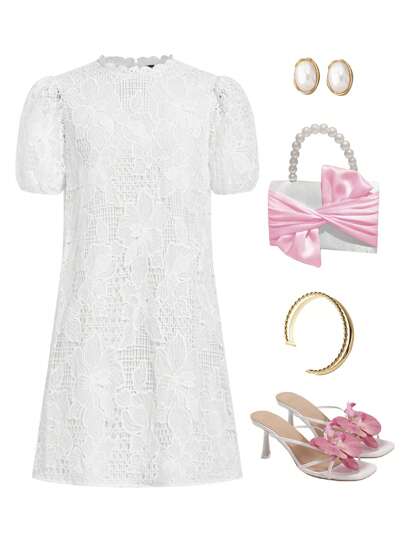 Ellevyn Women'S Short Puff Sleeve Lace Dress,Suitable For Various Occasions, Travel And Daily Travel, Spring And Summer Dresses