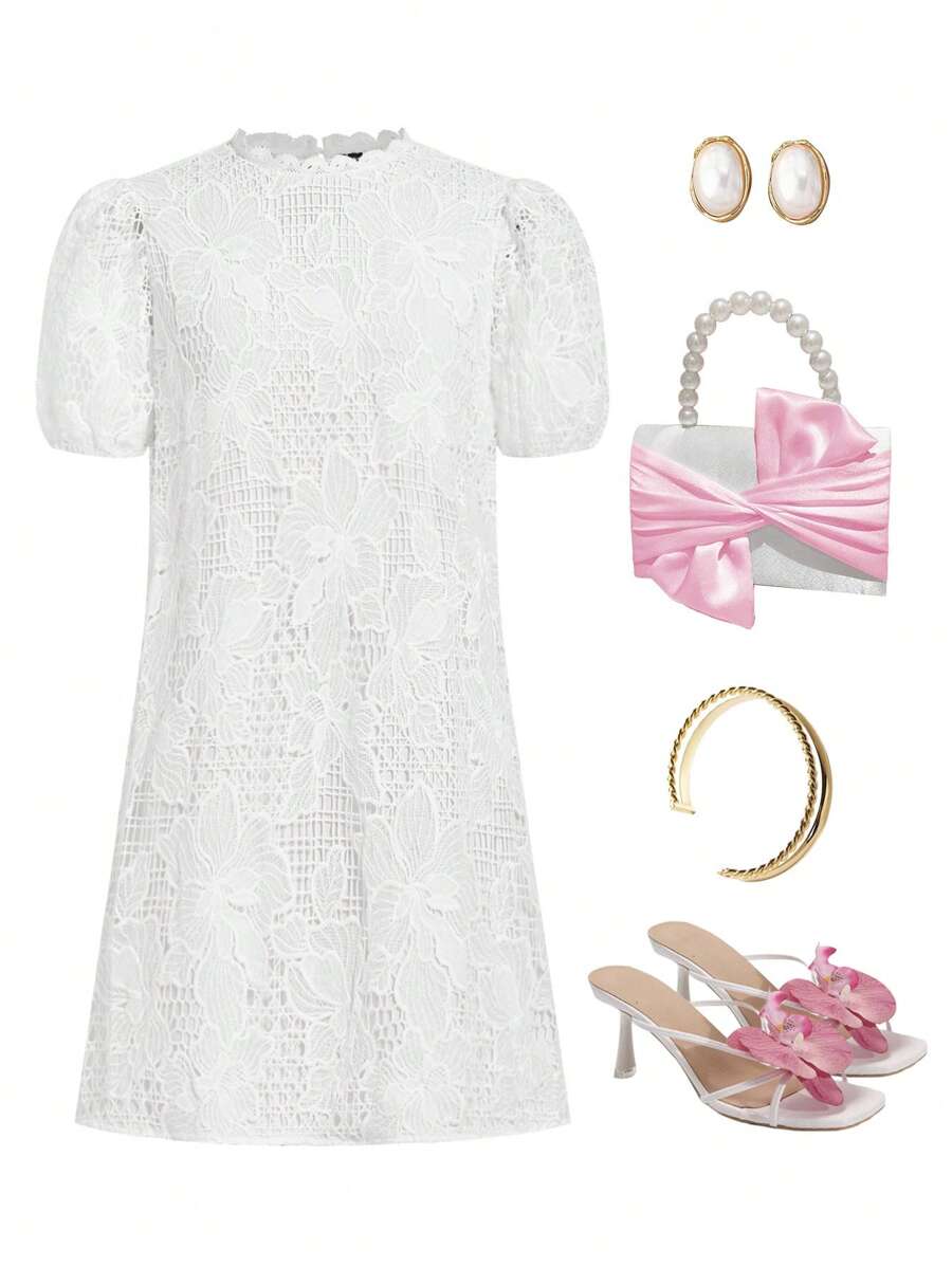 Ellevyn Women'S Short Puff Sleeve Lace Dress,Suitable For Various Occasions, Travel And Daily Travel, Spring And Summer Dresses - White - View 1