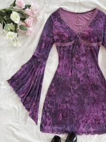 Soleia Váy mini họa tiết hoa cổ điển cho nữ, tay dài, viền bất đối xứng, có chi tiết xếp nếp, vải lưới dệt kim - Màu tím - Xem 2