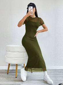 SHEIN EZwear Women Solid Color Round Neck Short Sleeve Mesh Splicing Slim Fit Casual Long Dress - Olive Green - View 6