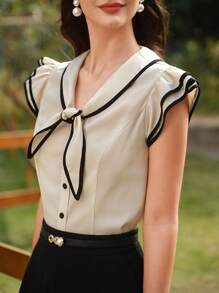 Vintamour Vintage Elegant Contrast Trim Sailor Collar Bowknot Ruffle Sleeve Casual Vacation Blouse, Spring/Summer Tops Vacation Outfits Woman Summer Outfits For Women Shirts Women White Top Summer Tops Going Out Tops Women Blouses For Women Summer Tops Women White Shirt T Shirts Women Church Clothes Women Summer Clothes Women Cruise Attire Button Up Shirt Women Tops Spring Outfits For Women Vacation Outfits Women Spring Clothes