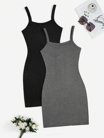 SHEIN Privé 2pcs/Set Women Solid Color Casual Tight Strap Open Shoulder Sleeveless Summer Dress, Suitable For Commuting, Outdoor Activities, Shopping