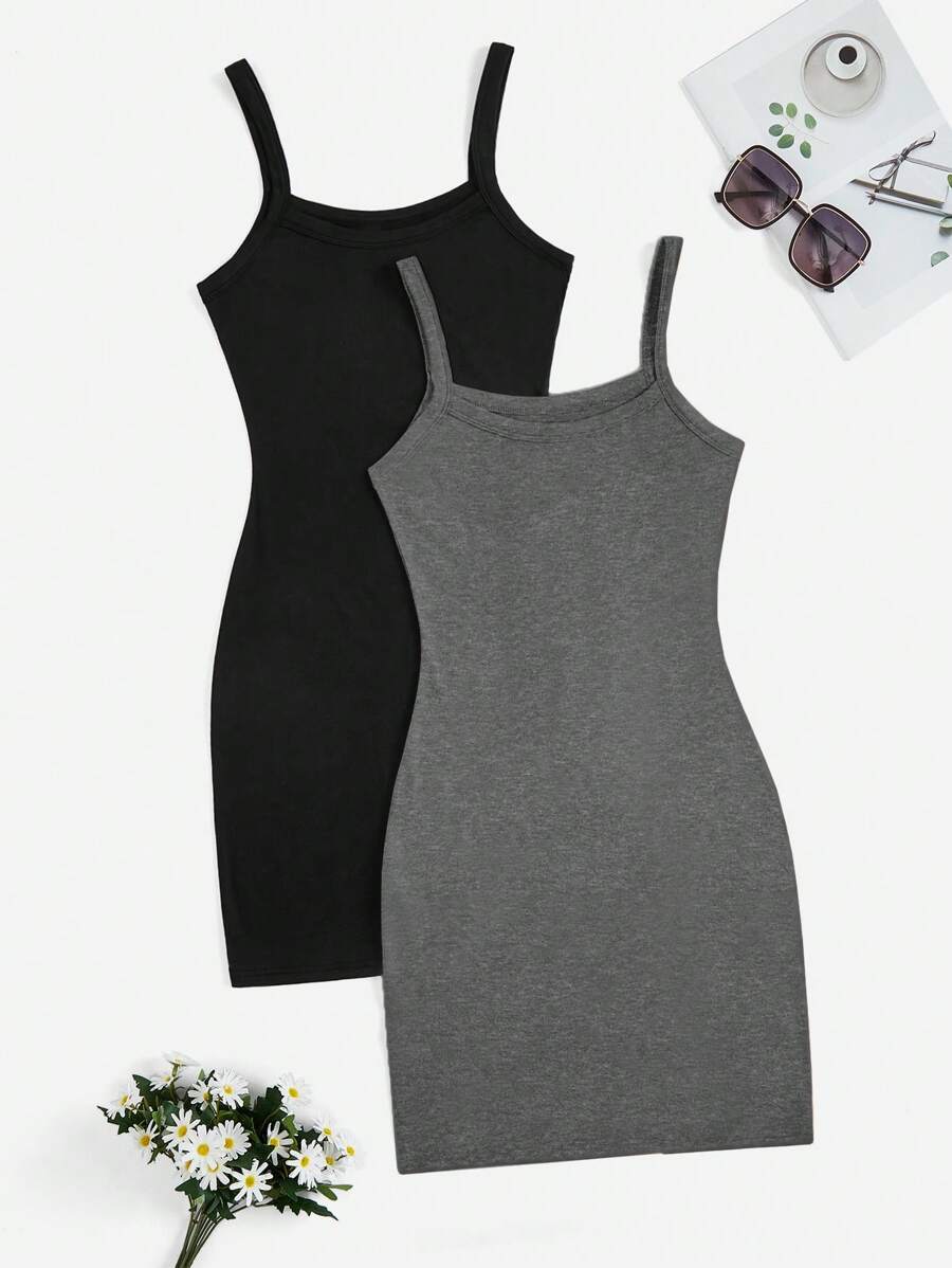SHEIN Privé 2pcs/Set Women Solid Color Casual Tight Strap Open Shoulder Sleeveless Summer Dress, Suitable For Commuting, Outdoor Activities, Shopping - Multicolor - View 1