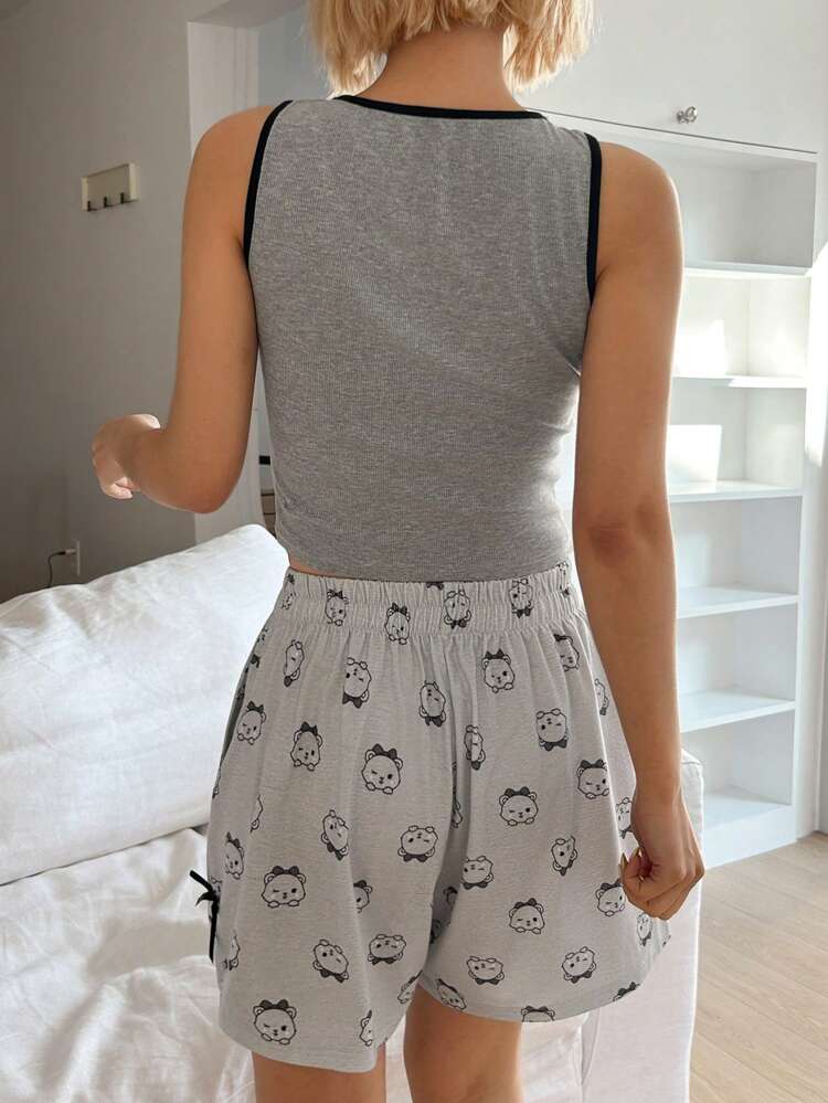 2pcs Women Sleeveless Cartoon Print Loose Full Print Shorts Pajama Set
