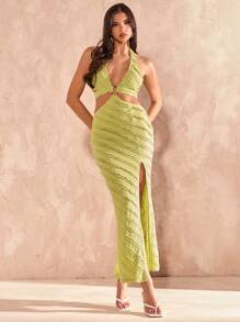 SHEIN BAE Solid Green Textured Halter Neck Backless High Slit Dress, Resort Wear