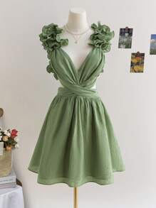 Soleia 女士浪漫花卉印花褶皱 V 领绿色露背系带收腰 A 字春季迷你连衣裙，适合度假、返校、秋季