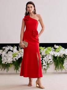 MOTF Soiréza STEREO FLORAL ONE SHOULDER BIAS CUT DRESS - Red - View 5