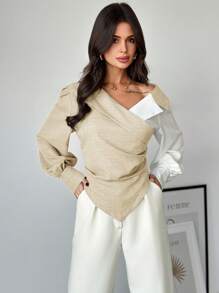 Firerie Áo cánh thời trang dài tay xếp ly viền bất đối xứng màu tương phản dành cho nữ - Màu be - Xem 8