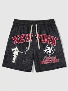 ROMWE MEN Prep Pantalones cortos con cordón en la cintura y estampado de figura y letra para hombres