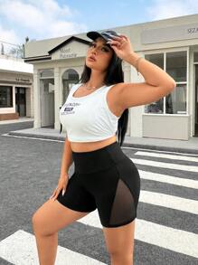 SHEIN EZwear Shorts informales de mujer talla grande de color negro con aplicación de malla ajustada