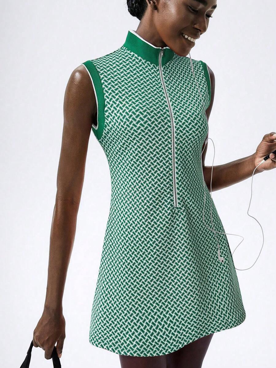 VARSITIE Retro Old Money Jacquard Turtleneck Sleeveless Zipper Slim Mini Dress Women Active Dresses - Green - View 1