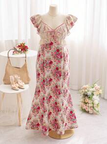 Soleia Vestido largo con estampado floral, mangas cortas de encaje y cintura ceñida, estilo romántico vintage, para mujer talla grande, primavera