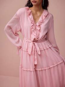 Enchnt Robe élégante femme romantique rose col V volant ourlet, douce et élégante pour la Saint-Valentin et les vacances, sortie romantique, usage quotidien, vacances et fêtes de jardin