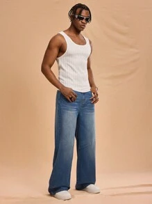 Forever 21 Men's New Spring Summer Retro Washed Wide Leg Classic Denim Jeans Pants - Medium Wash - View 4