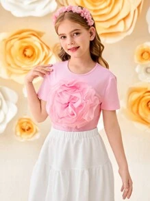 SHEIN Tween Girls' Knitted Tulle 3D Floral Decorated Elegant Pink Blouse, Sweet Top, French Elegant Blouse, Valentine's Day Tween Girl, Flower Girl, Back To School