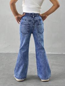 Young Girl Distressed Rhinestone Embellished Flared Washed Denim Jeans - Medium Wash - View 2