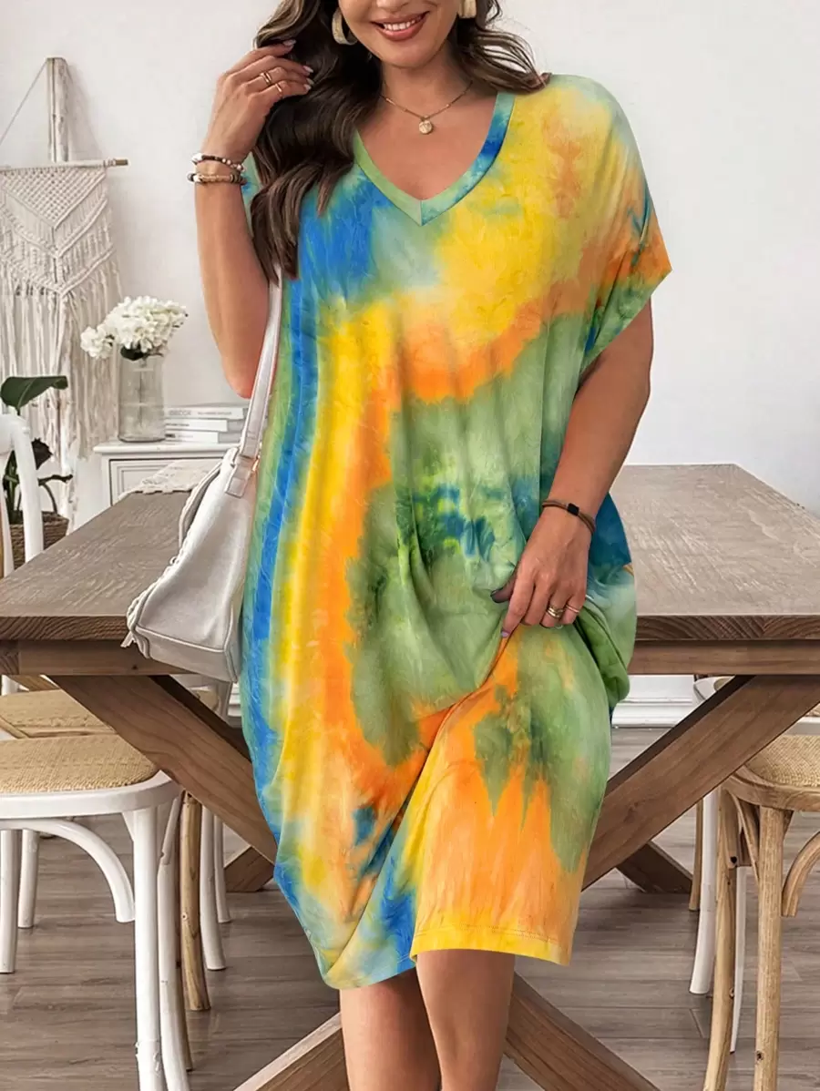 SHEIN LUNE Tie Dye Casual Dress, Minimalist & Fashionable For Everyday Wear Boho Old Money - Multicolor - View 1