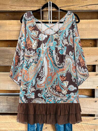 EMERY ROSE Plus Size Country Vintage Pattern Patchwork Short Sleeve Shirts Women, Women Off The Shoulder Blouses Summer,Boho Women Clothing,Summer Outfits For Women,Vacation Outfits Woman,Casual Everyday Wear,Western Wear Women