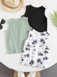 SHEIN Leap Crew 3 件套男婴舒适透气吸湿排汗椰子树图案无袖 T 恤针织上衣套装，时尚百搭，适合春夏季室内、户外、日常、运动、玩耍、派对、拍照、节日、度假