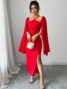 Elenzga Sleeveless Pleated Dress With Pearl Decor And Side Slit For Women - Red - View 7