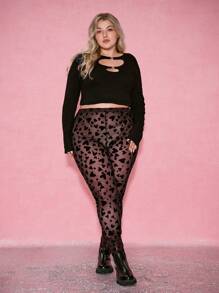 SHEIN EZwear Plus Size Sheer Heart Fishnet Leggings,Valentine Day